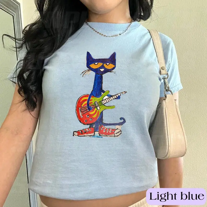 Cute Peter the Cat Baby Tee, Vintage Emo Cat Guitar Baby Tee – Alt Rock Graphic Crop Top, Y2K Emo Aesthetic Top, Cute Gothic Streetwear Tee for Women 2026