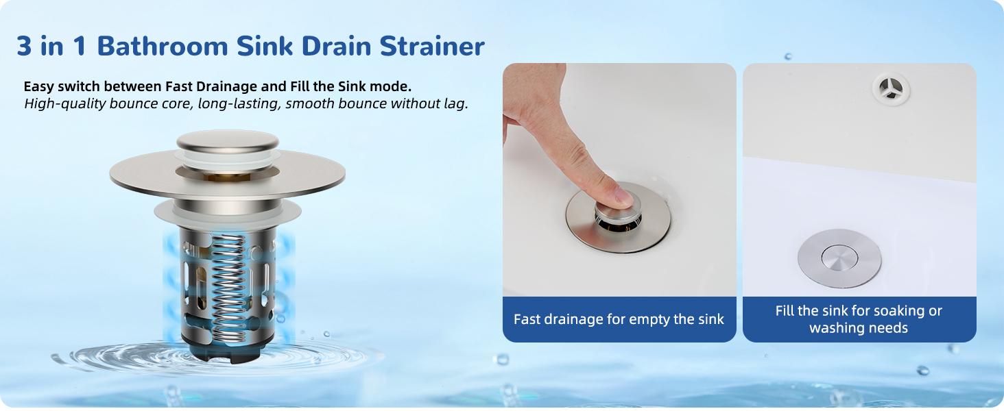 Hibbent Upgraded 3 in 1 Bathroom Sink Drain Strainer, Universal Pop Up Stopper with Removable Stainless Steel Filter Basket Hair Catcher, Sink Plug for 1.1''~2.36'' Basin, Brass Core, Brushed Nickel