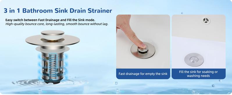 Hibbent Upgraded 3 in 1 Bathroom Sink Drain Strainer, Universal Pop Up Stopper with Removable Stainless Steel Filter Basket Hair Catcher, Sink Plug for 1.1''~2.36'' Basin, Brass Core, Brushed Nickel