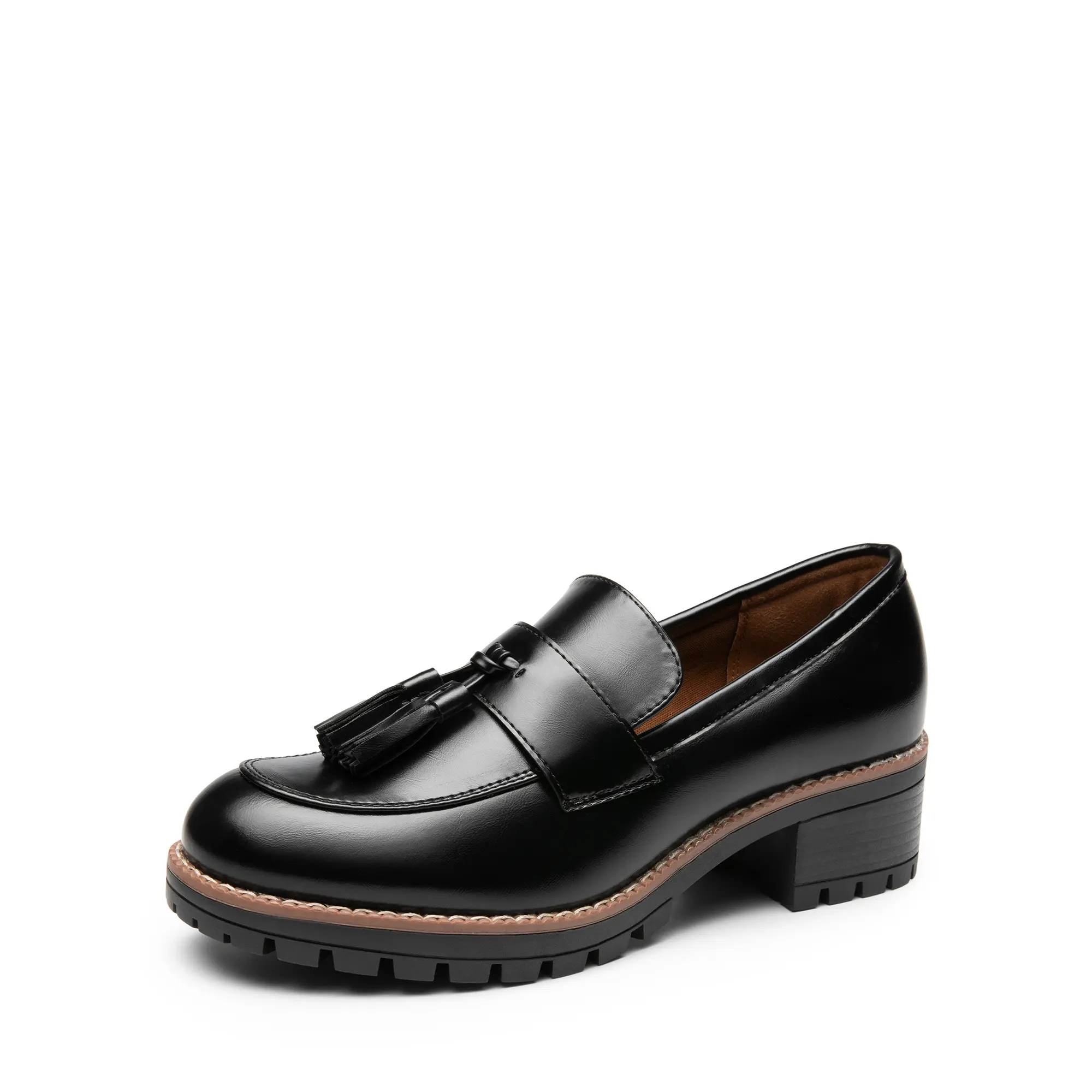 DREAM PAIRS Women's Faux Leather Easy-On Tassel Chunky Penny Loafers - Round Toe, Grippy Lug Outsole Casual Fashion Slip-On Walking Shoes, Tassel Loafers, Faux Leather Loafers