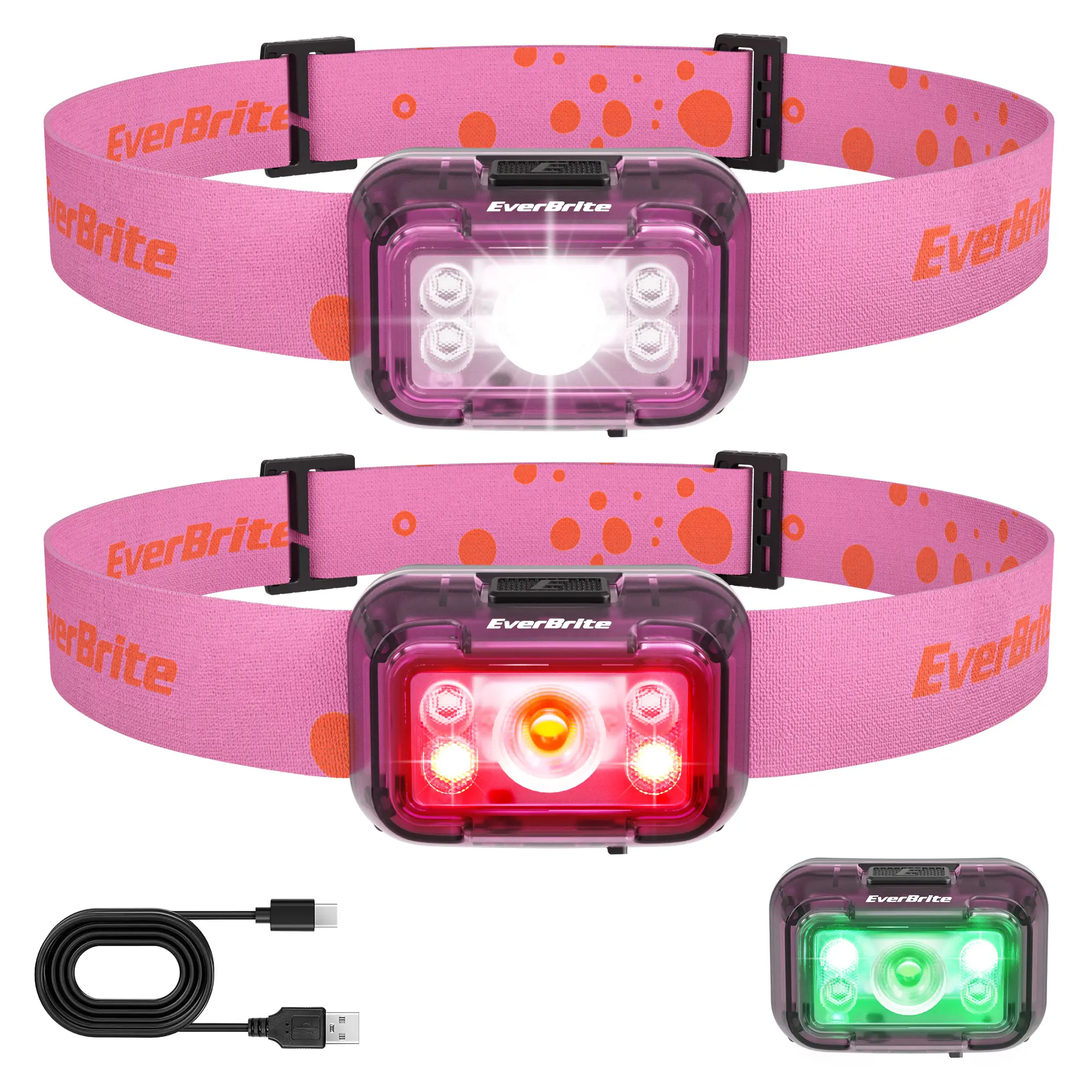 #backtoschool EverBrite Rechargeable Headlamp, 2 Pack Kids Headlamp with White/Red/Green Light and Memory Function, Head Lamp for Adult and Kid with 5 Modes, 120° Adjustable LED Headlamp for Camping, Running-Pink