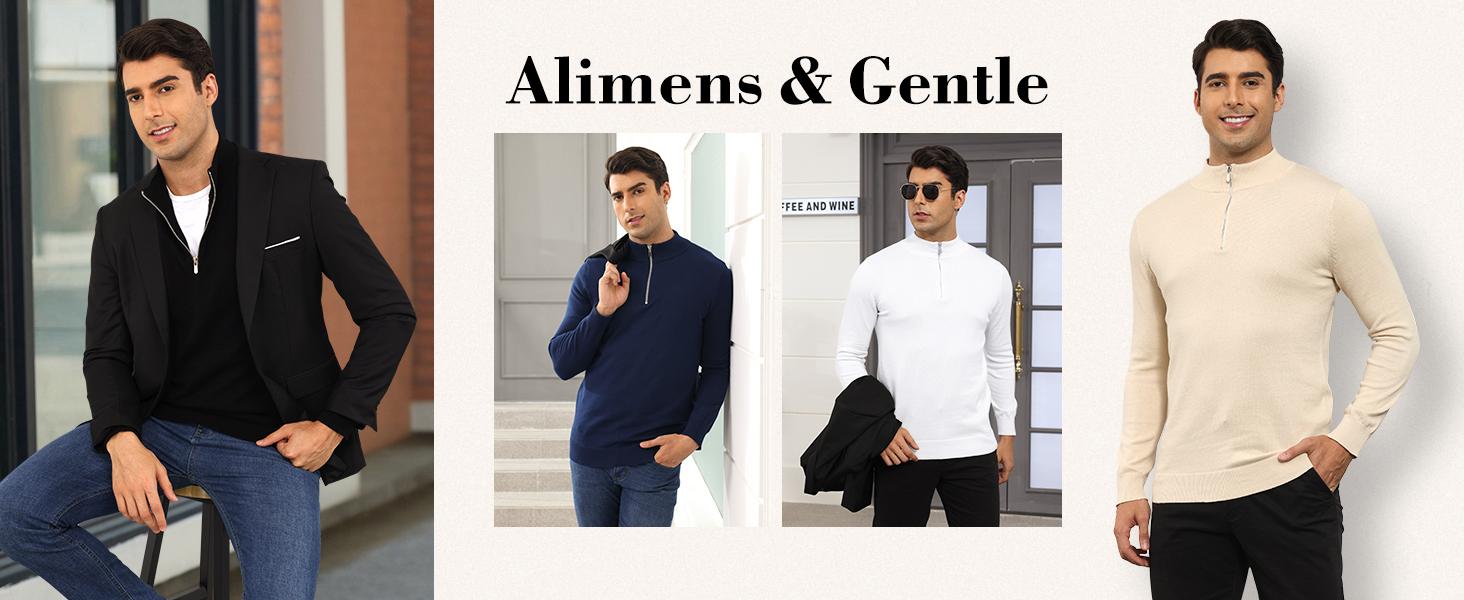Alimens&Gentle 100% Cotton Trendy Long Sleeve Turtleneck Zip Sweater with Soft Polo Style Slim Fit Knitwear Menswear