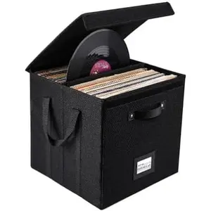 Set of 3 Vinyl Record Storage Boxes, Non-Woven Stackable Record Holder with Lid and Handles, LP Storage Organizer for Valuable Album Collection, Black