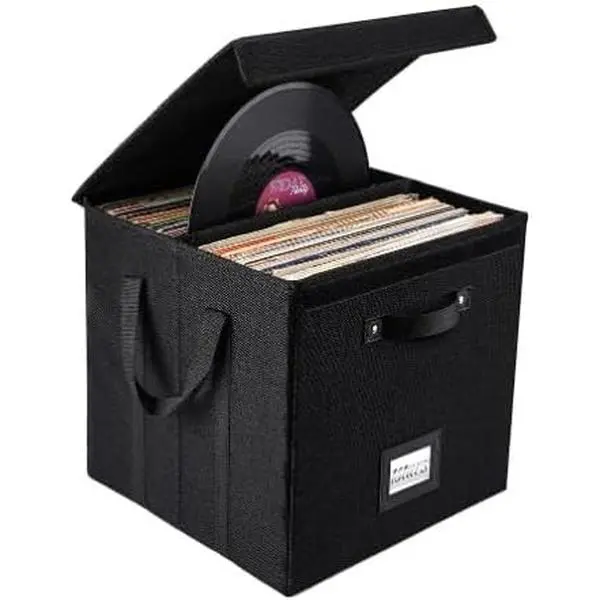 Black 3-Piece Vinyl Record Storage Boxes Set - Non-Woven Stackable Record Crate with Lid and Handles, Home Organizer for Valuable LP Album Collection