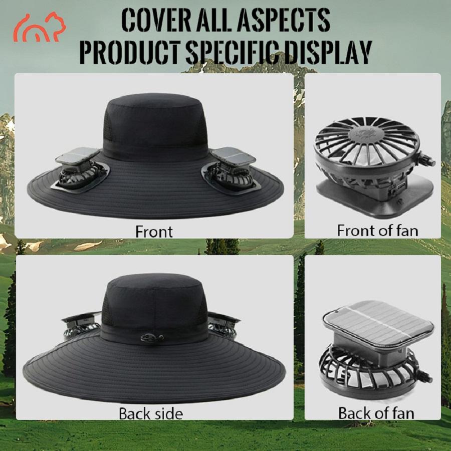 Wide eave solar fan outdoor fishing hat 2 solar fan men's hats with built-in solar fan fishing hat men's fan hat, thermal sensitive worker, lightweight headwear, adjustable hat, reinforced stitching, high-quality textile, cooling hood, summer traveler