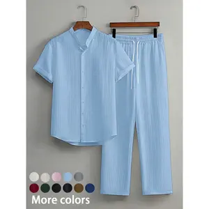 Two-Piece Set Men's Linen Set, Casual Short Sleeve Button Up Shirt & Pants Set for Summer, Men's Clothes for Beach Vacation