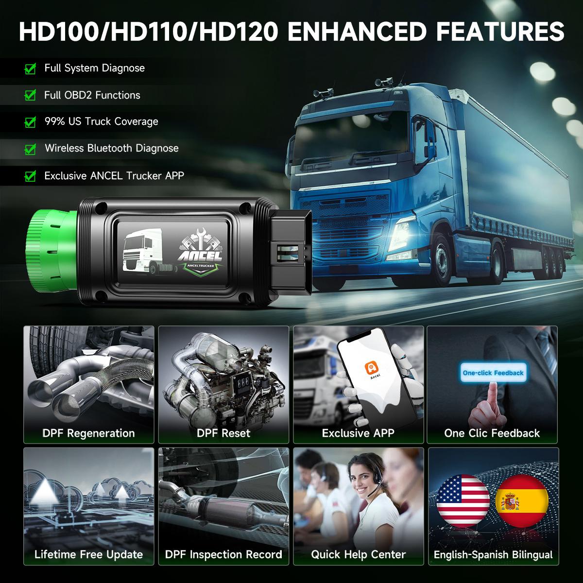 ANCEL HD100/HD110/HD120 Bluetooth Heavy Duty Truck All System Diagnostic Scanner |Forced DPF Regen (HD100 DPF for Cummins & Cat Engine) (HD110 DPF for Detroit & Paccar Engine)(HD120 DPF for Volvo & International Engine )| HDOBD/OBD2 9/16 Pin+Free Updates