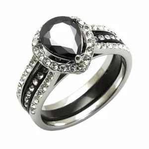 9x7mm Black Pear Cut CZ Two Tone Black Stainless Steel Wedding Ring Set, Engagement Ring Set