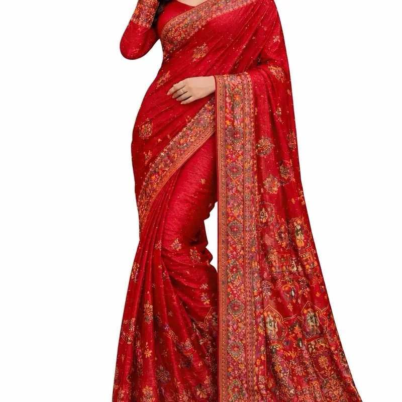 Pure Rajasthani Saree Set - Green and Red Color with Intricate Gold and White Embroidery Design Pure Rajasthani Saree Set - Green and Red Color with Intricate Gold and White Embroidery Design