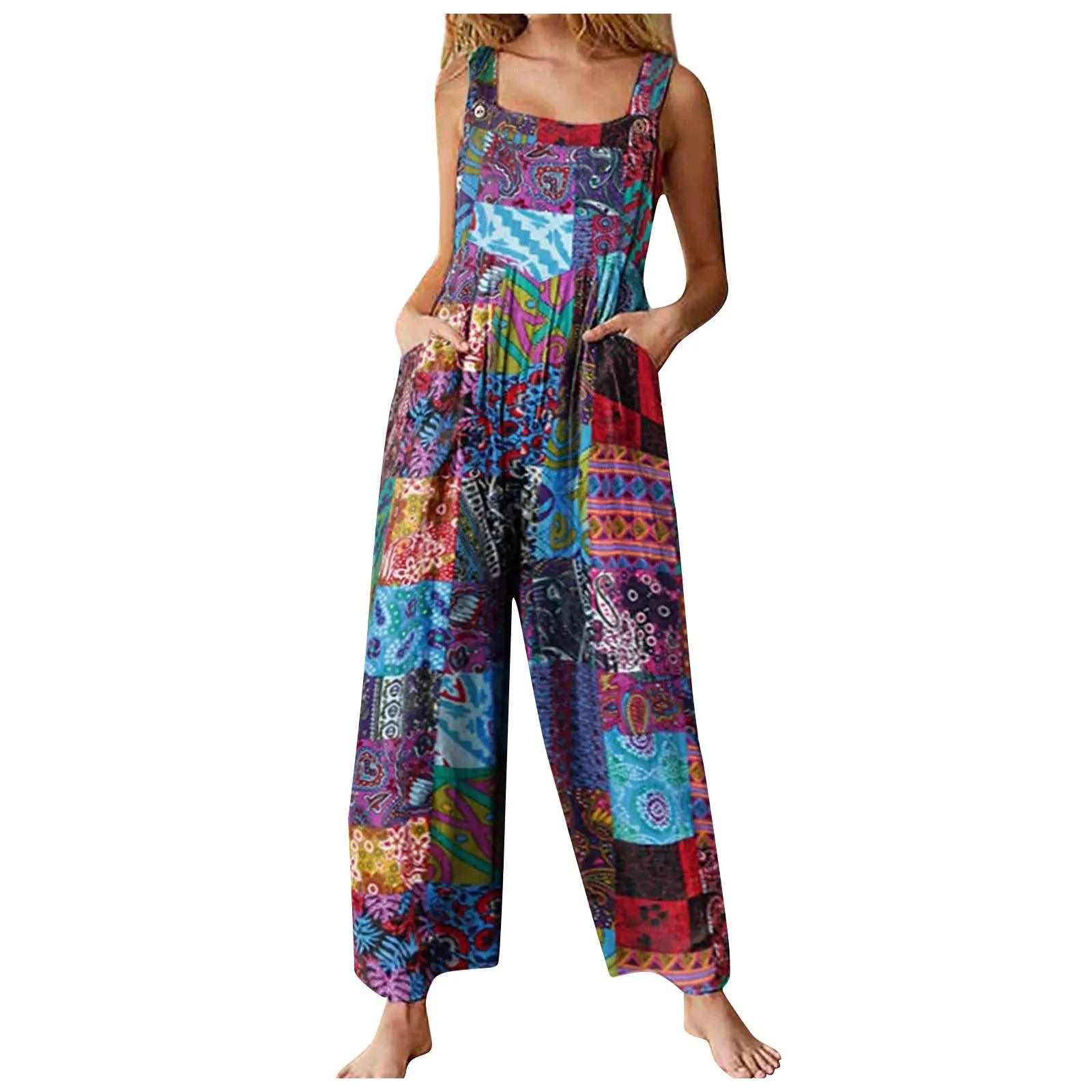 Lady's Ethnic Strap Bib Overall, Baggy Loose Wide Leg Jumpsuit with 2 Button Closures, Patchwork Dual Pockets, Floral Print for Spring