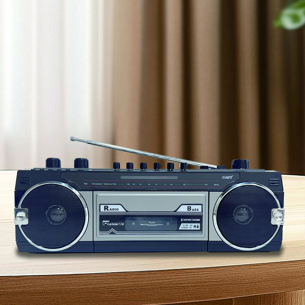 Retro 1980s Bluetooth Cassette Boombox Audio Player - Battery-Powered Portable Compact Device, Tape to USB/SD/MP3 Conversion, Wireless, FM Radio, 3.5 mm Jack, Mic, Android Control, Recording, Gift for 1980s Fans, Compatible with Laptops & iPhones