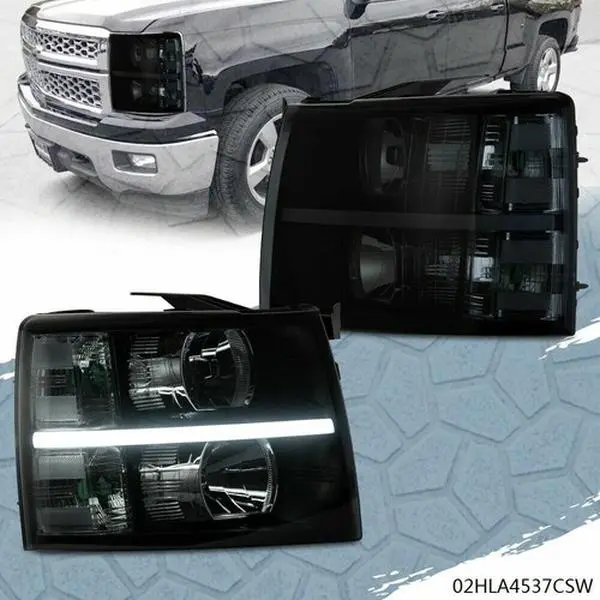 CROSSDESIGN Smoke Lens Black Housing LED DRL Strip Headlights (1 Pair Carlights, Show Lights) - Bolt-On OE Replacement, Exterior Upgrade Chevy Truck Accessory for 07-14 Chevy Silverado 1500 Pickup Truck