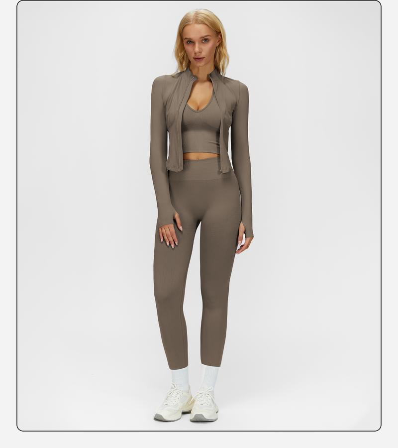 MFVIM Women's Solid Criss Cross Crop Tank Top High Waist Leggings Zip Up Crop Jacket Tracksuit Set Breathable Comfortable Yoga Workout Gym Athletic Activewear Textured Sweatsuit Thermal Lined Sports