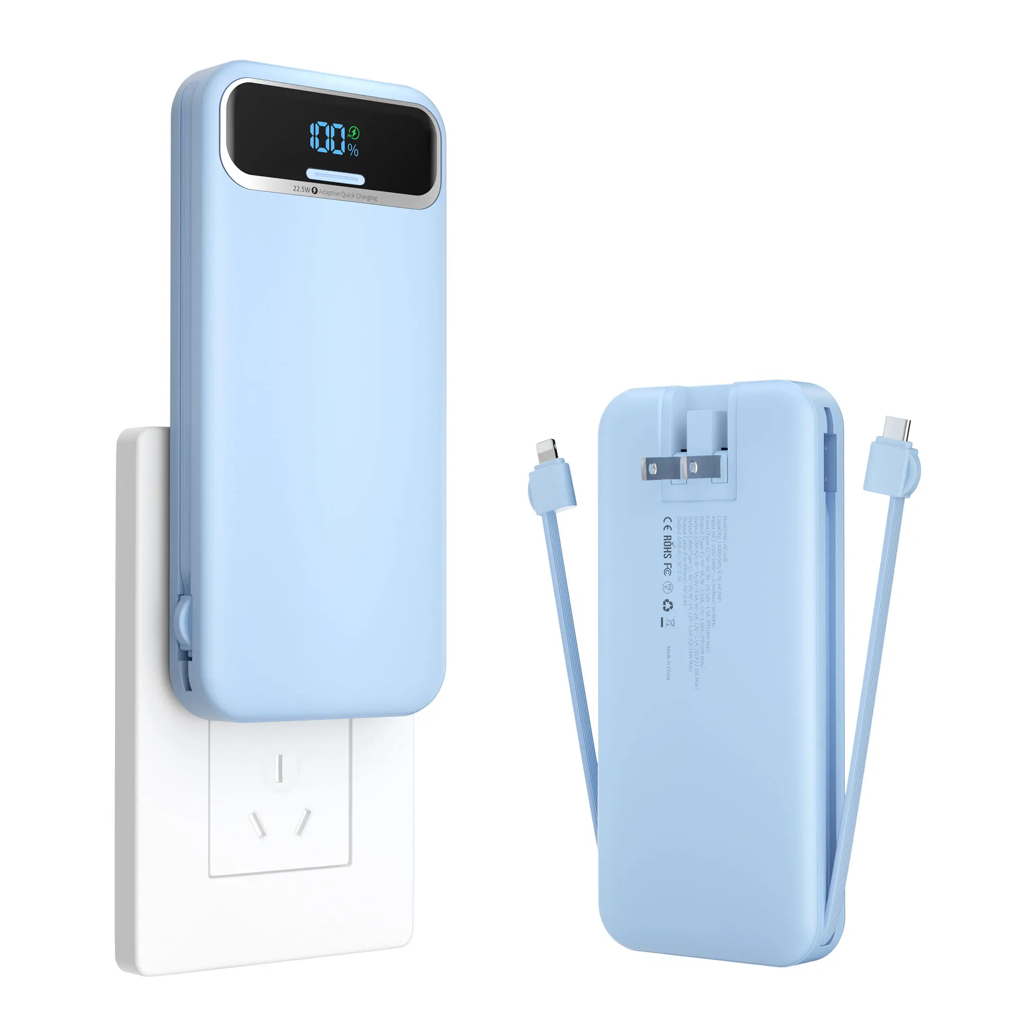 Citicr 12000mAh Portable Power Bank with Built-in AC Wall Plug and Dual Integrated Cables (Supporting iOS & Type-C); features PD 20W high-efficiency fast charging. An essential travel companion, compatible with iPhone 18/17/16 Pro/15 Pro Max, etc.