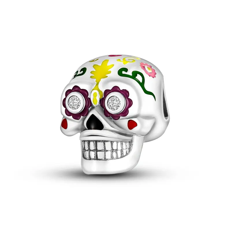 MULA Silver-Plated Gothic Cubic Zirconia Floral Sugar Skull Charm - Colorful Charms & Pendants for Women, Compatible with Beads, Bracelets, Necklaces, Ideal for Day of the Dead Halloween Gifting, Floral Design, Casual