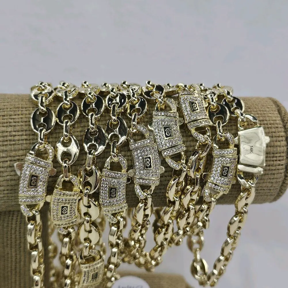 8mm Unisex Pig  Bracelet  14K with Elegant Lock Design and Dazzling CZ Stones (NOTE: AVOID LOTION AND WATER FOR CARE )