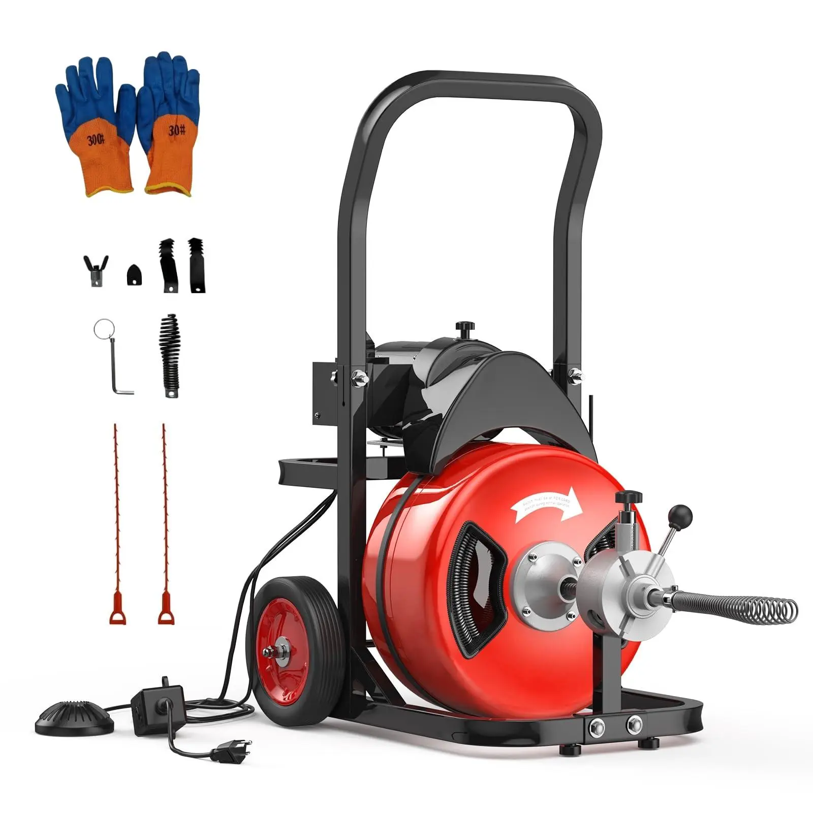 Garvee 400W-450W Motor Commercial Electric Drain Cleaning Machine, 75FT Corrosion-Resistant Steel Core Cable, 1/2In or 3/8In Option, 6 Interchangeable Cutters, Air-Activated Foot Switch, Wheels for Easy Transport (Bathrooms, Kitchens)