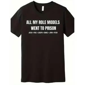 Men's Faith T-Shirt - "All My Role Models Went to Prison" Verse Design with Jesus, Paul, Joseph, Daniel, Peter & John - 100% Cotton Casual Crew Neck Short Sleeve Tee for Church, Casual Attire & Religious Apparel