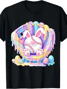 Cute Glove Baseball Bunny Easter Day Ice Cream Drip Kids Boy T-Shirt |   Breathable, Casual Style, Crew Neck, Regular Sleeve, Sizes 120-160 for Spring/Summer