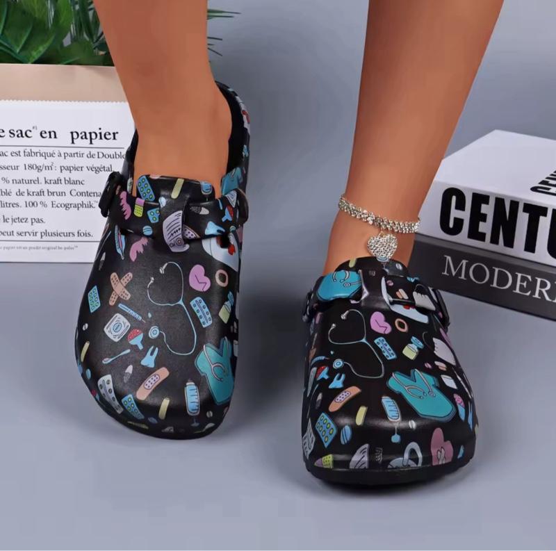 Medical Healthcare Workers Cartoon Print Platform EVA Clogs Mules Walking Shoes with Beautiful Print - Women Footwear Comfort Lightweight Buckle Water-Resistant Stylish & Practical Girl classic slip-on fashion walk shoe slipper Women's