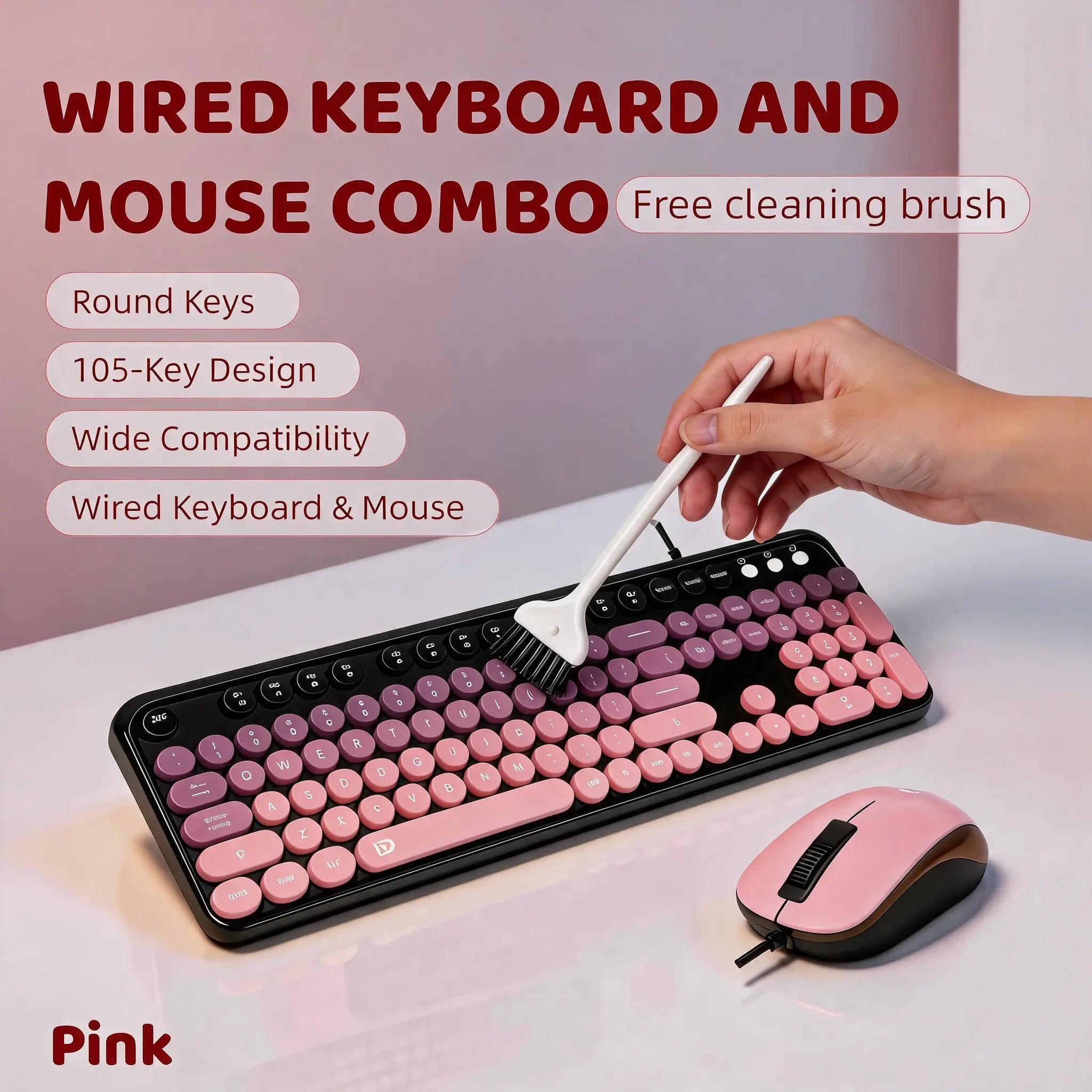 8870P Pink Wired Keyboard and Mouse Combo, 105-Key Full Size Retro Keyboard with Round Keys, USB Plug and Play, Ergonomic Tilt Design for Office, Home, Study, College Dorm, PC, Laptop, Windows & Mac