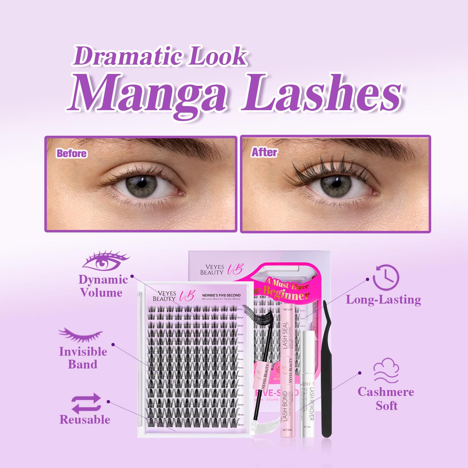VEYESBEAUTY Manga Lashes Invisible Dramatic Volume Cluster Lashes Individual Lash Extensions Layered Fluffy Eyelashes Lash DIY Makeup- Salon Daily