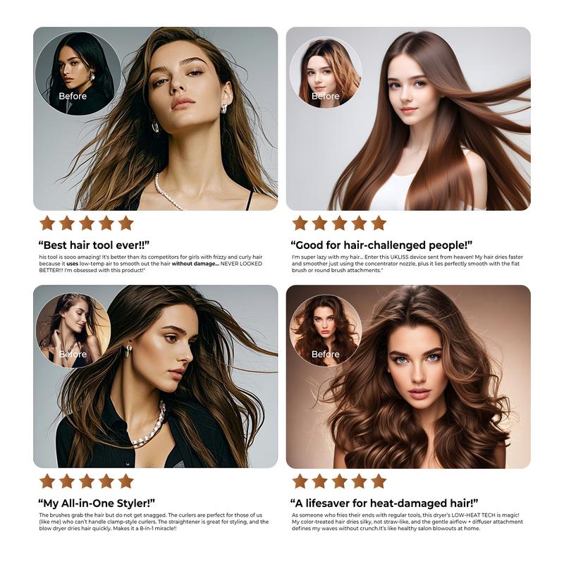 UKLISS FusionAir DIY HairStyler Champagne Gold 90-Day Free Trial & Refund 2 Year Warranty 110000RPM HairCurler + HairStraightener + HairDryer + HotAirBrush + LowTemperatureHairCare + NegativeIons + BlowoutBoost + HairDiffuser + Fluffier