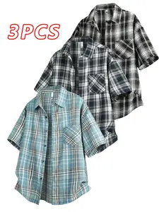 Unisex American vintage-style shirt, 3-pack; casual short-sleeve design with a front-short/back-long hem; loose fit suitable for various occasions.