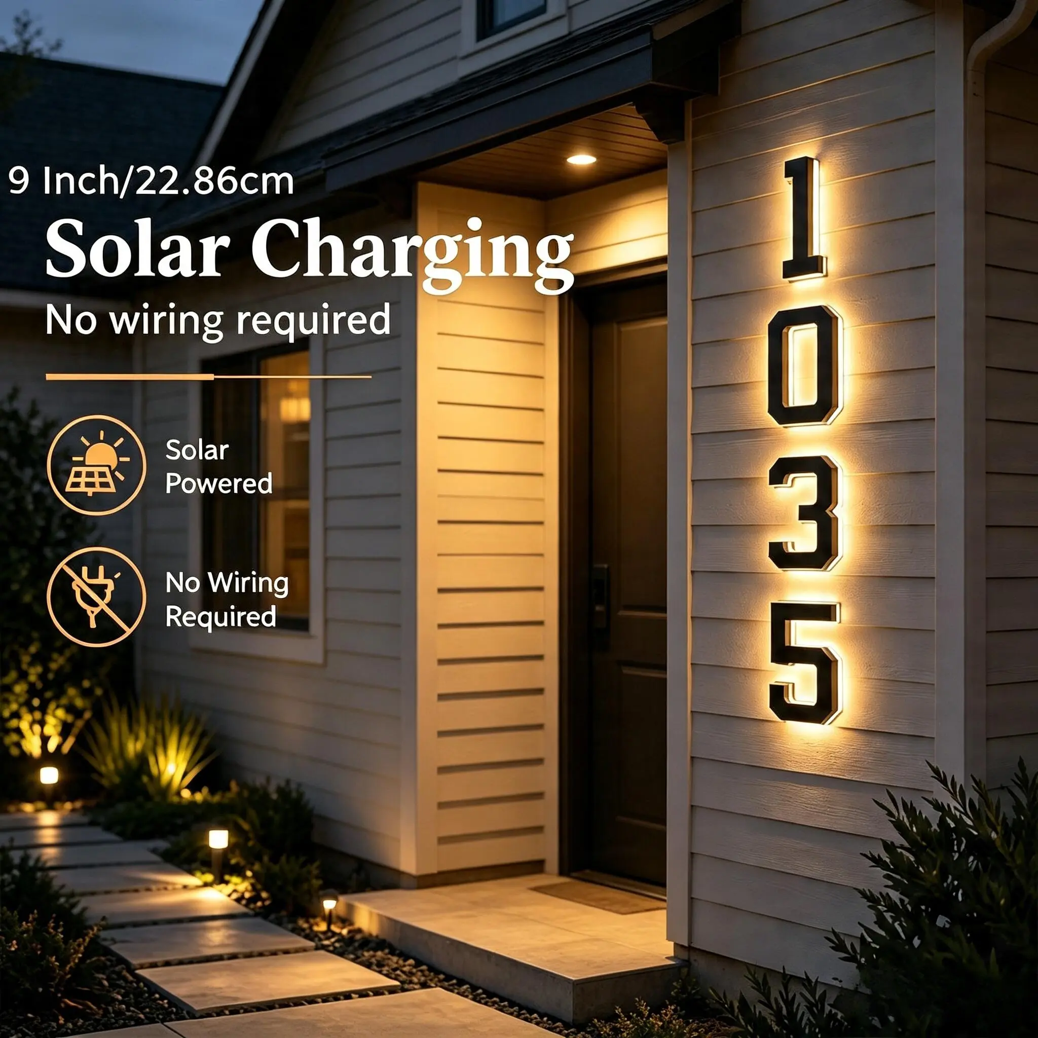 Upgraded 9-inch outdoor solar house number light, IP44 waterproof, smart light-sensing home address light suitable for outdoor use illuminated plaque decorative lamp