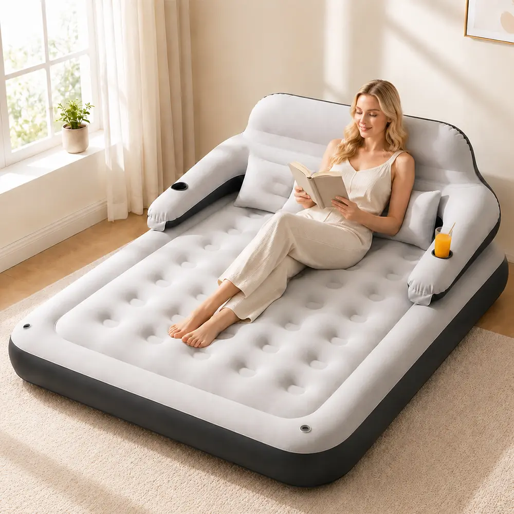 3-in-1 Inflatable Backrest Bed with Electric Pump, Convertible Air Mattress Sofa Bed with Detachable Backrest & Cup Holders, Portable Guest Bed for Home Camping Movie Night