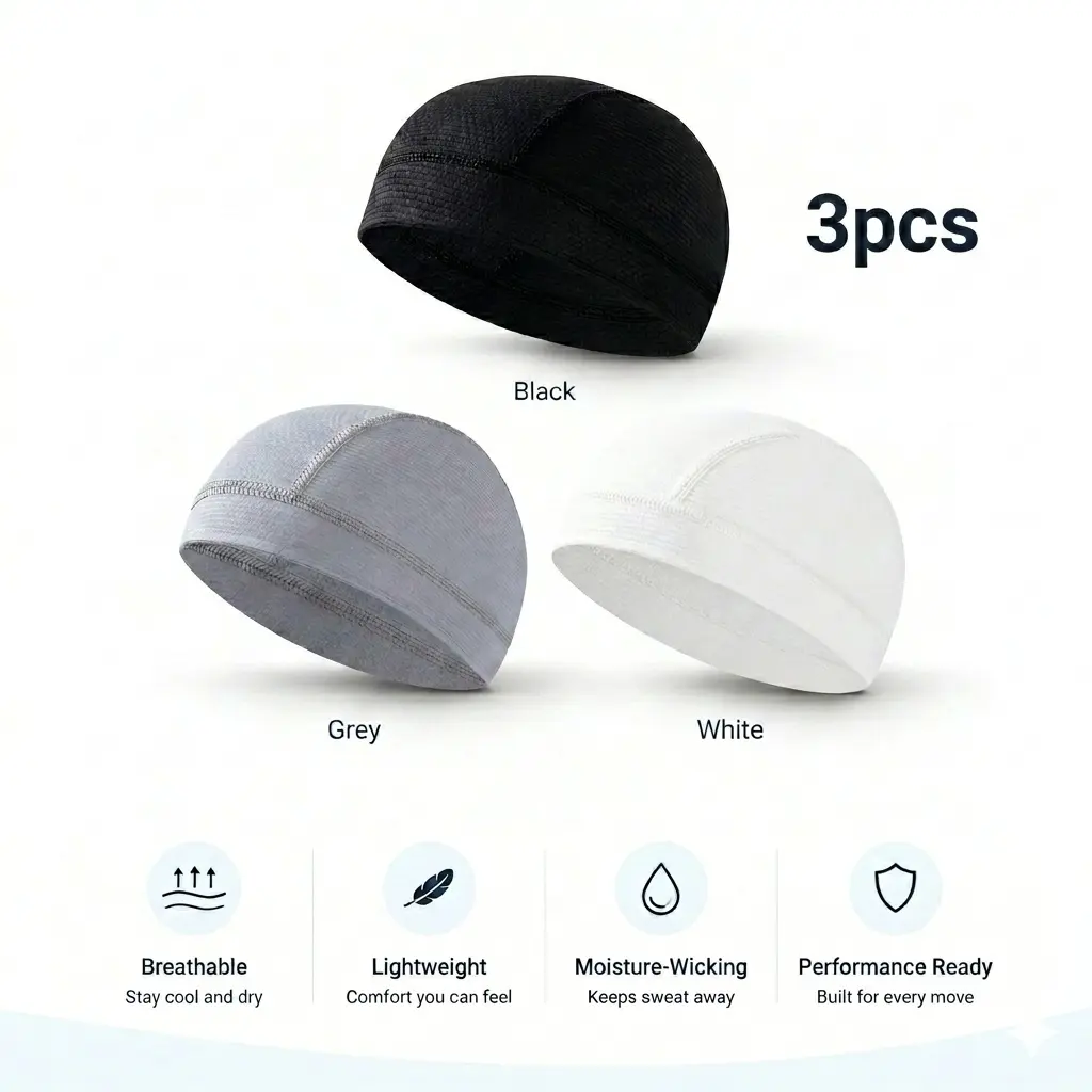 Unisex 3-Pack Head Cover - Solid Mesh Lined Skull Cap, Quick-Dry Moisture-Wicking All Seasons Active Wear Accessory, Breathable Ventilation Helmet Inner Cap for Biking, Running, Stay Cool and Dry