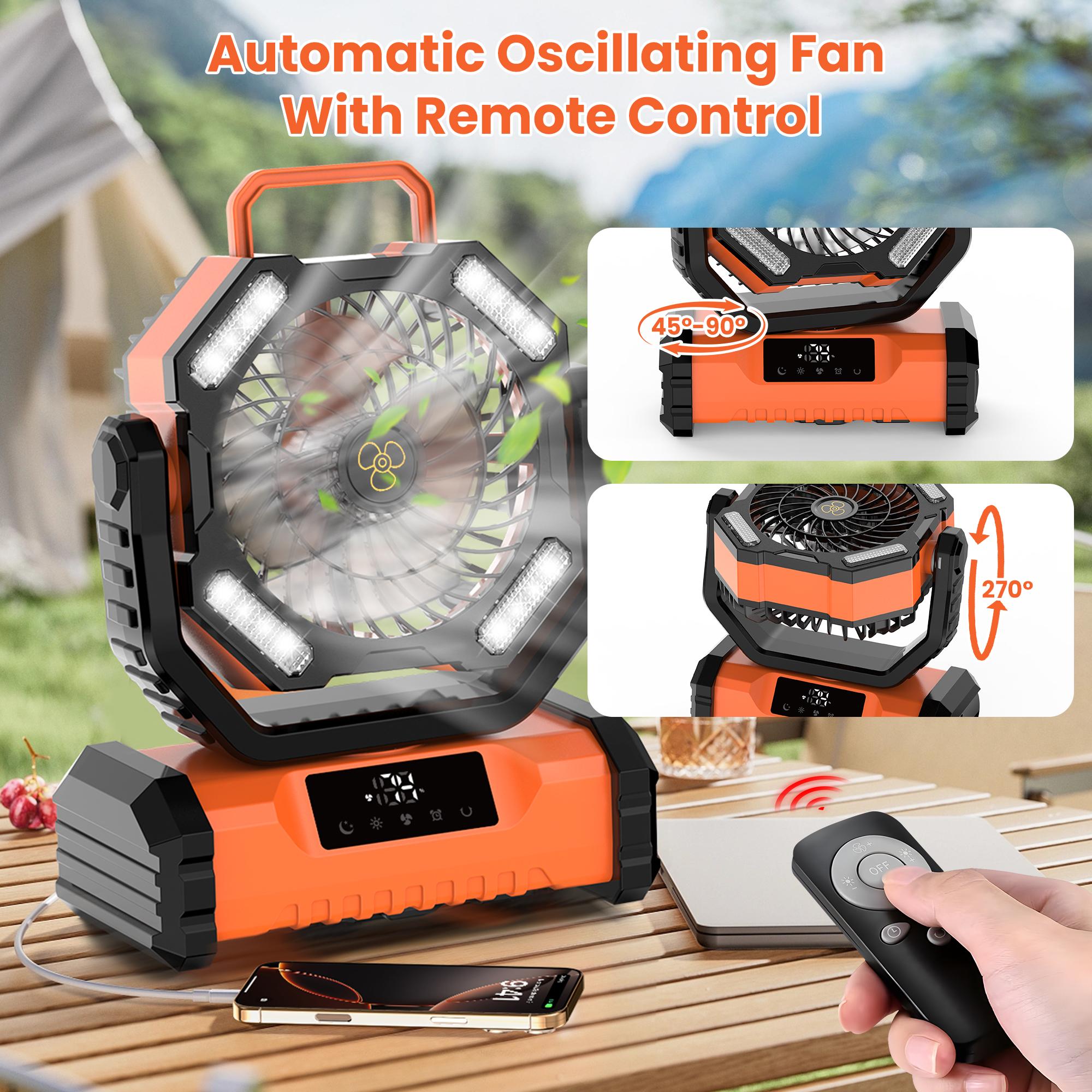 Featwell Portable Camping Fan Rechargeable 20000mAh Battery Operated with LED Lantern 5 Wind Speeds 4 Timer Modes Ideal for Picnics Fishing RVs Workplaces Power Outages Hurricanes