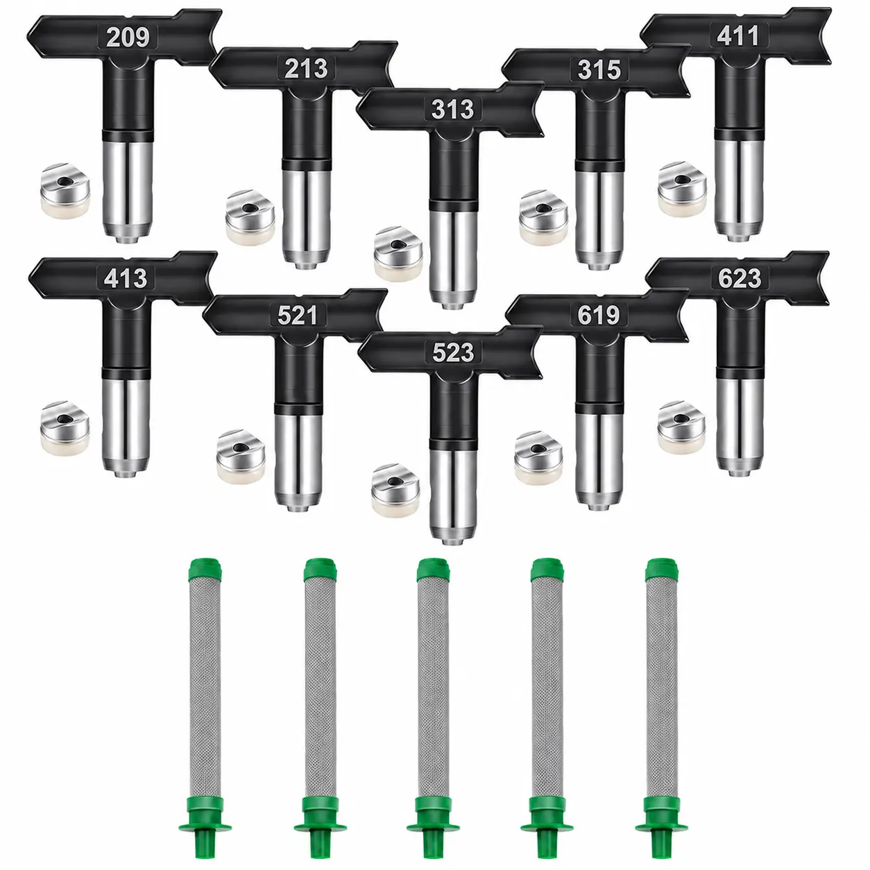 15 Piece Airless Spray Gun Accessories Kit,10 PCS Reversible Paint Sprayer Nozzle Tip Set（209，213，313，315，411，413，521，523，619，623）5 Airless Spray Gun Filters