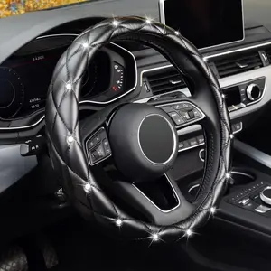 Diamond Soft Light Leather Anti-Slip Steering Wheel Cover With Bling Bling Crystal Rhinestones, Bling Car Steering Wheel Cover, 15 Inch Auto Steering Wheel Protector,Cute Sparkly Rhinestones Wheels Cover Automotive Decoration Fit for Most Vehicles