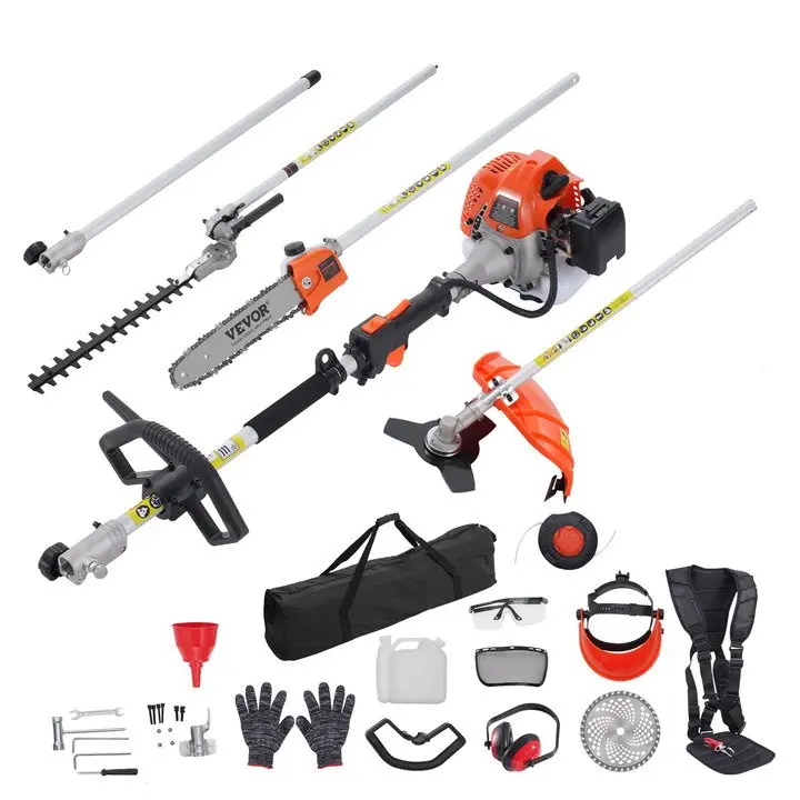 VEVOR Multi-Functional Gas Garden Full Kit (52cc/43cc/33cc/26cc) - Grass Trimmer, Hedge Trimmer, Weed Eater, Brush Cutter, Edger, Pole Saw Chainsaw Pruner, Blade, Shoulder Strap, Protective Gloves for Lawn Cutting, Sawing Wood, Dad Gift, Outdoor Gadgets,
