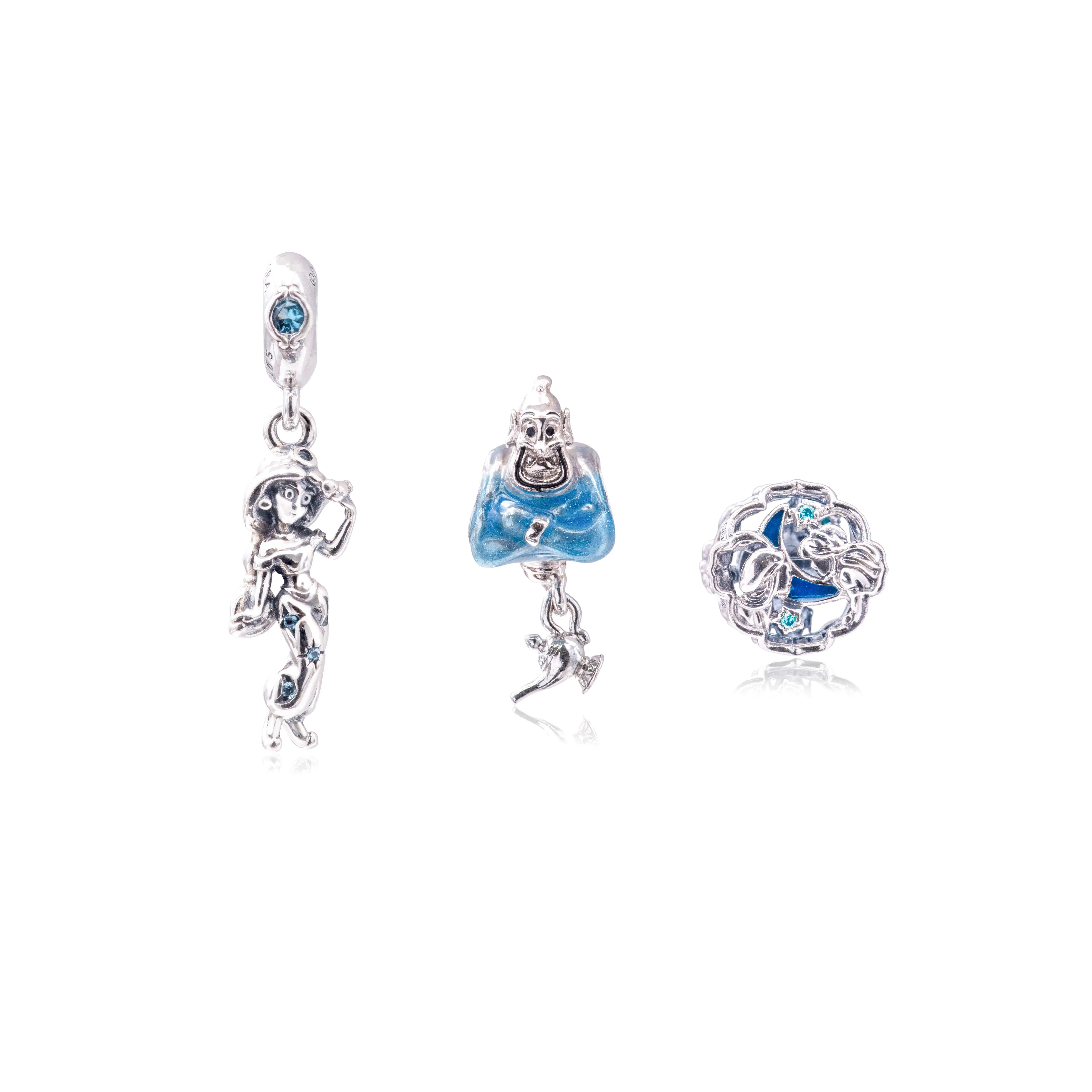 Pandora Disney Princess Jasmine & Genie Charm Gift Set B801993 - Unisex 3-Piece Silver Jewelry Set for Adults, Glow-in-the-Dark Casual Anniversary Jewelry Accessory