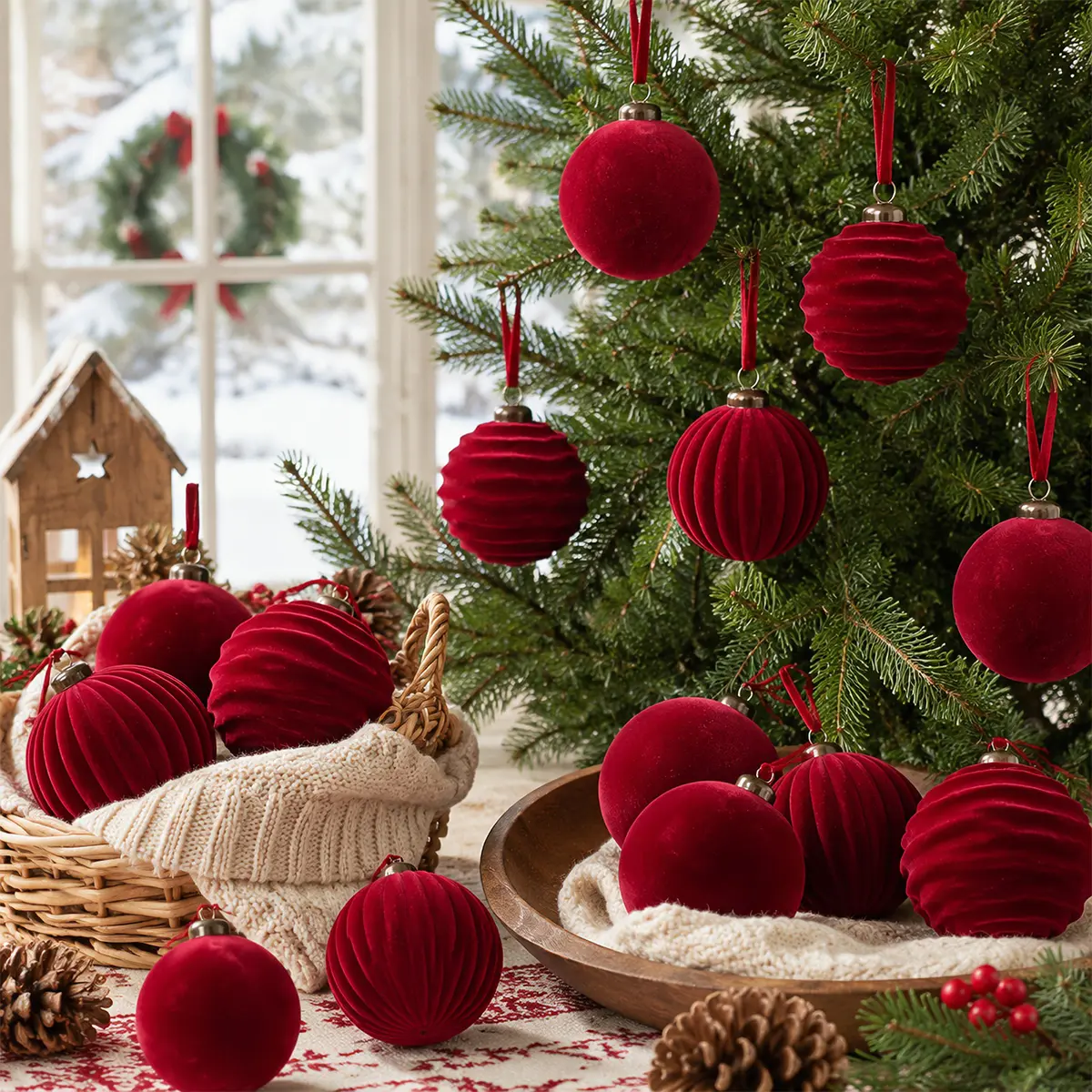 15 Pcs Red Mixed Texture Velvet Christmas Ornaments, 3.15 Inch Flocked Christmas Balls Decorations for Christmas Tree Wall Front Door Porch Home Family Holiday Wedding Party Christmas Gifts Xmas Hanging Decoration
