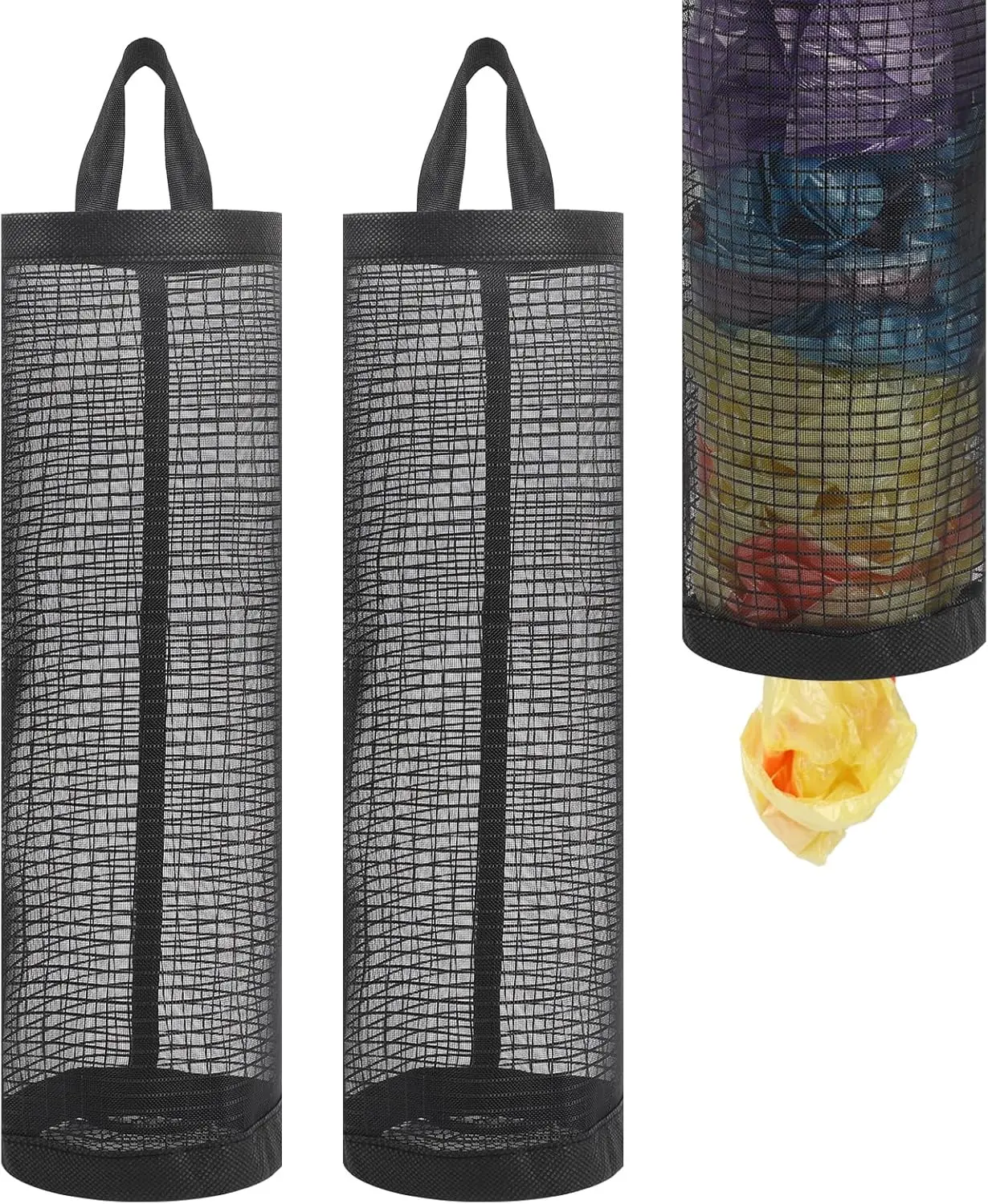 2Pack Plastic Bag Holder, Grocery Bag Holder for Plastic Bags Mesh Hanging Storage Dispenser Trash Bag Organizer Shopping Bag Holder for Plastic Bags