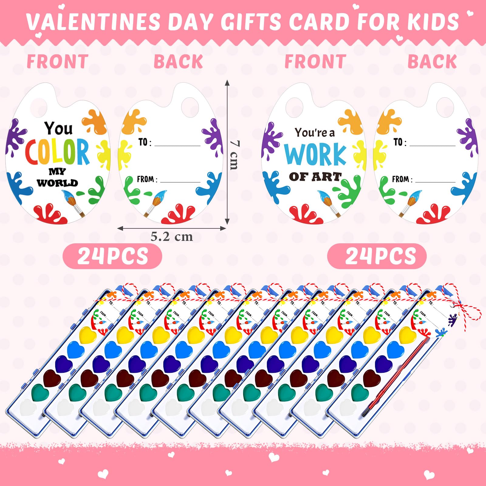 [Valentines Idea] 24 Sets Watercolor Paint Sets Mini Water Color Paints with Valentine Card Heart Shaped Paint Sets for Valentine's Gifts Art Party Favors End of Year Gifts Birthday Classroom Gifts Art Supplies for Beginner Painting