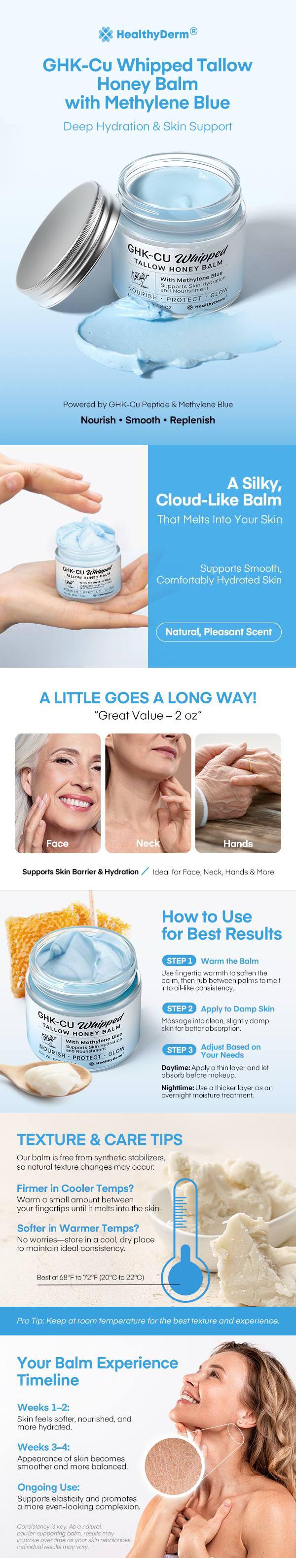 HealthyDerm GHK-CU Peptide Beef Tallow for Skin: Blue Balm with Methylene Blue, Manuka Honey & Vitamin E – Natural Face and Body Moisturizer for Mature, Dry & Sensitive Skin – 2 oz