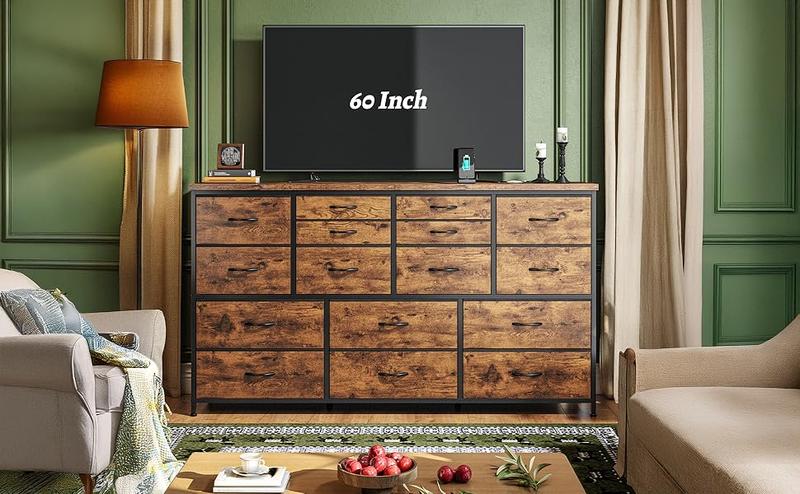 RaybeeFurniture Long Dresser for Bedroom with 16 Fabric Drawers, Modern Dresser with Charging Station, TV Stand for 60" TV Dressers & Chest of Drawers for Bedroom, Living Room, Closet