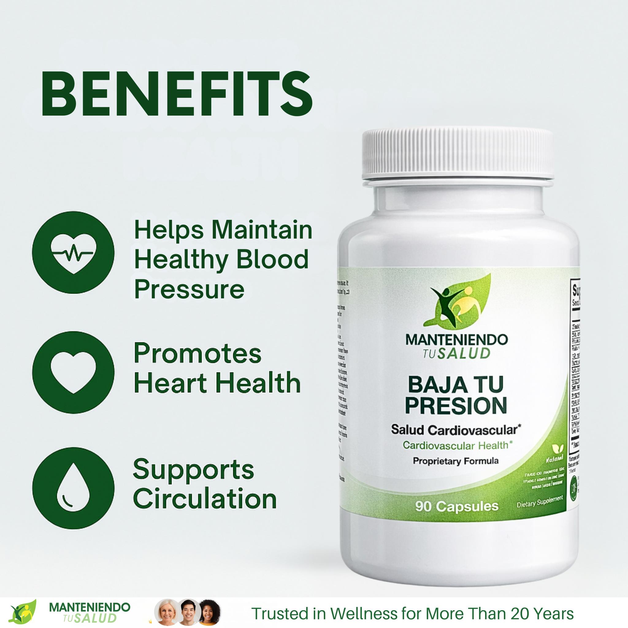 Manteniendo Tu Salud Baja Tu Presión, Hawthorn Extract, Garlic Bulb Powder, 90 Capsules Dietary Supplement