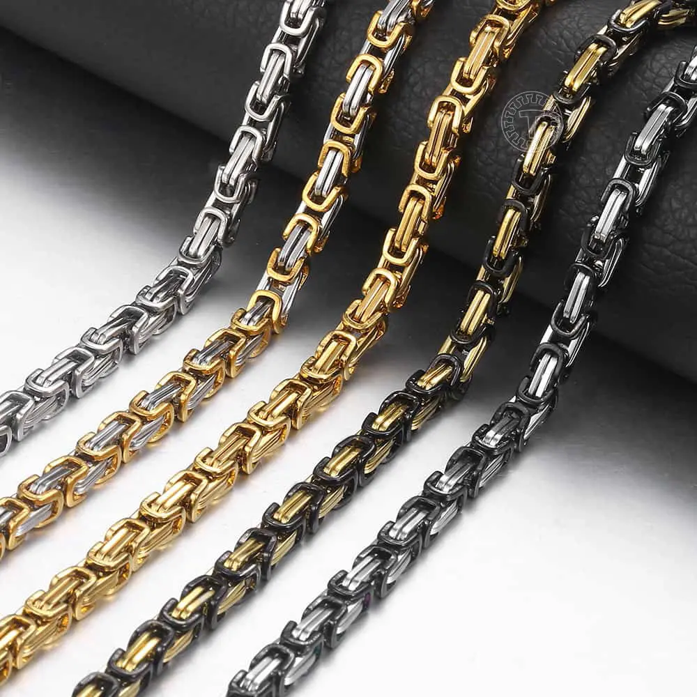 5mm Mens Byzantine Box Link Chain Stainless Steel Necklace Silver/Golden Plated