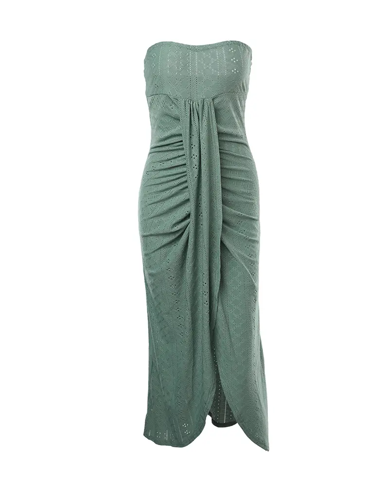 CHICME Women's Strapless Ruched High-Waist Wrap Split Asymmetrical Casual Basic Feminine Minimalist Embroidered Beach Maxi Dress for Wedding Guests