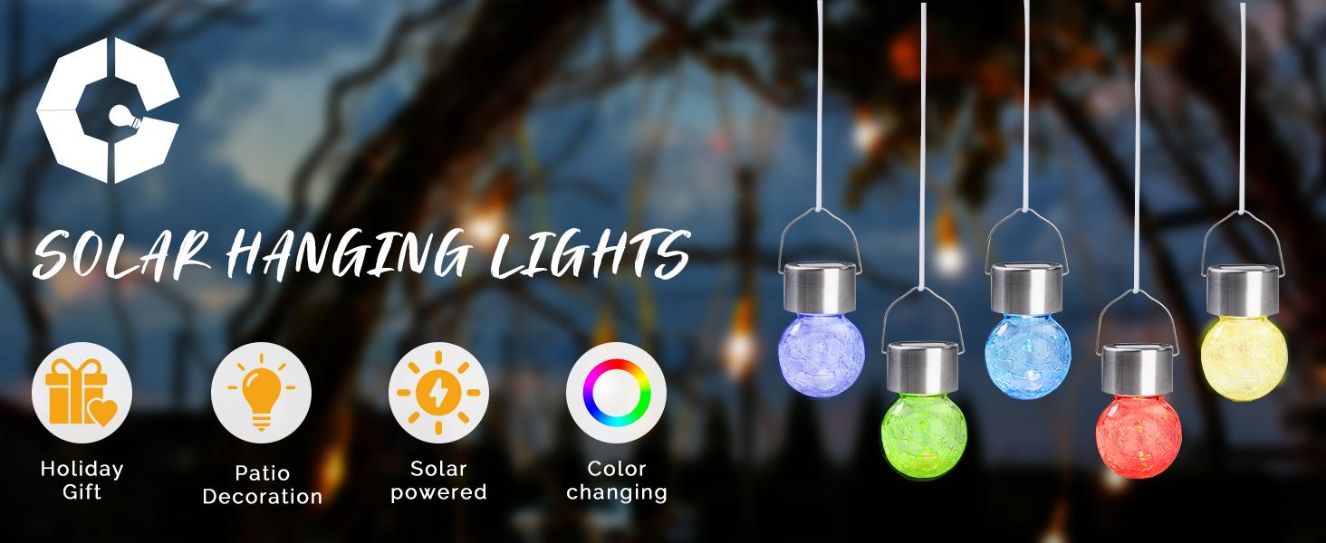 GIGALUMI Solar Hanging Lights, Christmas Decoration Lights with Multi-Color Changing Cracked Glass Hanging Ball Solar Outdoor Lights Waterproof Solar Lanterns for Garden, Yard, Patio, Lawn
