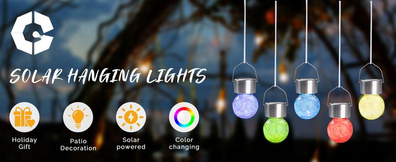 GIGALUMI Solar Hanging Lights, Christmas Decoration Lights with Multi-Color Changing Cracked Glass Hanging Ball Solar Outdoor Lights Waterproof Solar Lanterns for Garden, Yard, Patio, Lawn