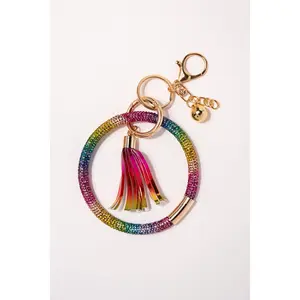 Rhinestone Wristlet Keyring Keychain with Tassel- Rainbow