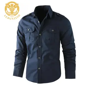 LEDUNTINO Men's Navy Blue 100% Cotton Long-Sleeved Button-Down Shirt with Double Shoulder Pockets Classic Casual Style