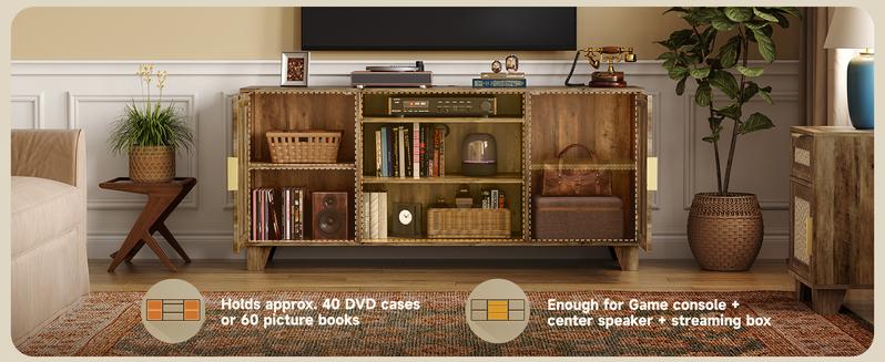 【Valentine's Day gift】ONBRILL TV Stand for 65 Inch TVs, Boho TV Consoles Cabinet with Power Outlet, Modern Entertainment Center for Living Room, Media Console with Doors and Shelves, 2 Cable Management Holes