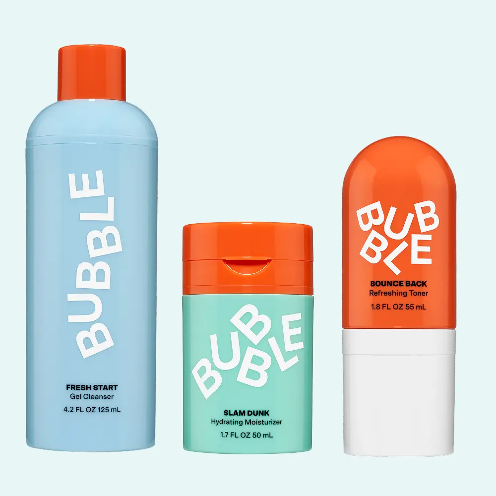 Bubble Skincare 3-Step Dry Skin Set - Hydrating Vegan Routine with Green Tea & Spearmint, includes Moisturizer, Cleanser & Toner, Hydrate, Beauty Products, Restore, Self Care Kit Bundle, Fresh And Clean, Normal, Multi-Pack, Cleansing